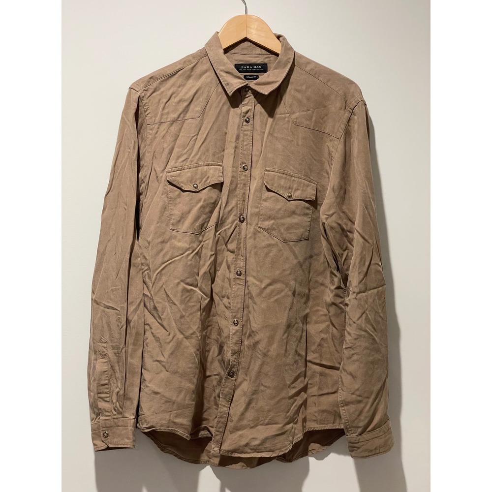 Zara Man Relaxed Fit Button Down Shirt - Men's Long Sleeve Casual Brown